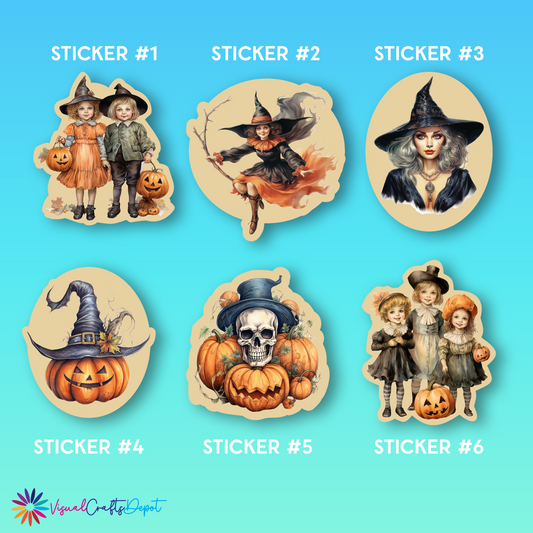 Set of six Halloween-themed stickers on a blue background. Pumpkins, witches, kids
