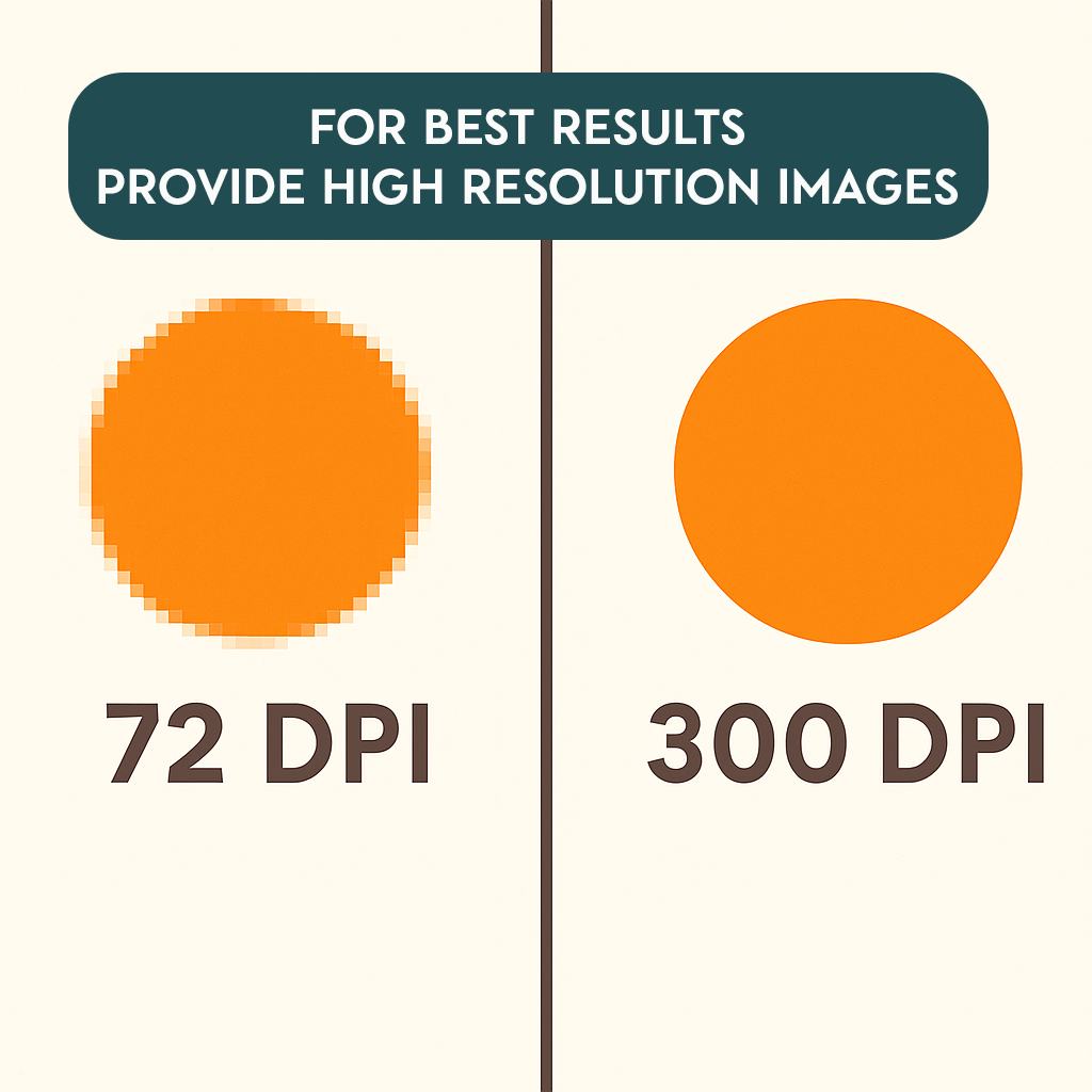Comparison of two orange circles with text indicating DPI levels on a white background. 72 DPI vs 300 DPI. Suggested resolution 300 dpi or more