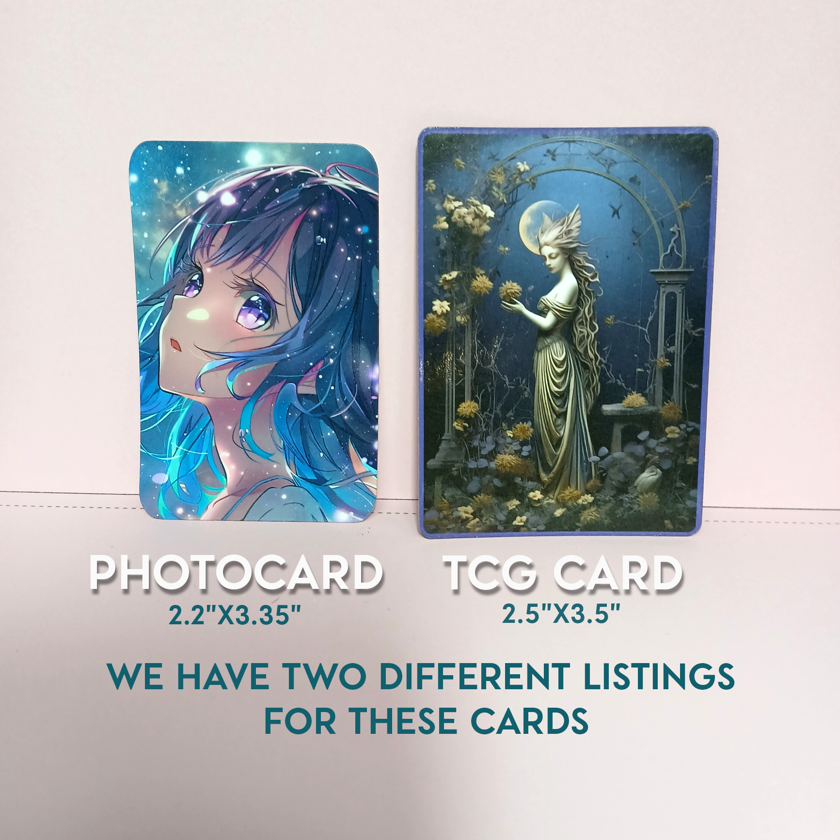 Two illustrated cards labeled 'PHOTOCARD' and 'TCG CARD' on a light gray background. Shows difference in size between photocard and TCG card