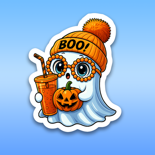 Cute Ghost with Boba Tea and Pumpkin sticker