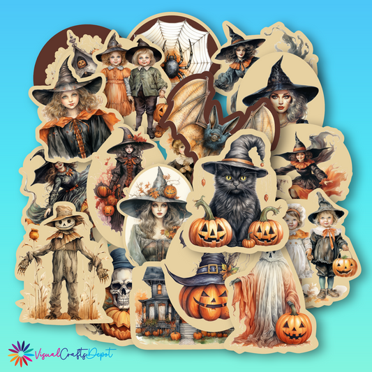 Collection of Halloween-themed stickers featuring witches, pumpkins, and other spooky elements! Boo